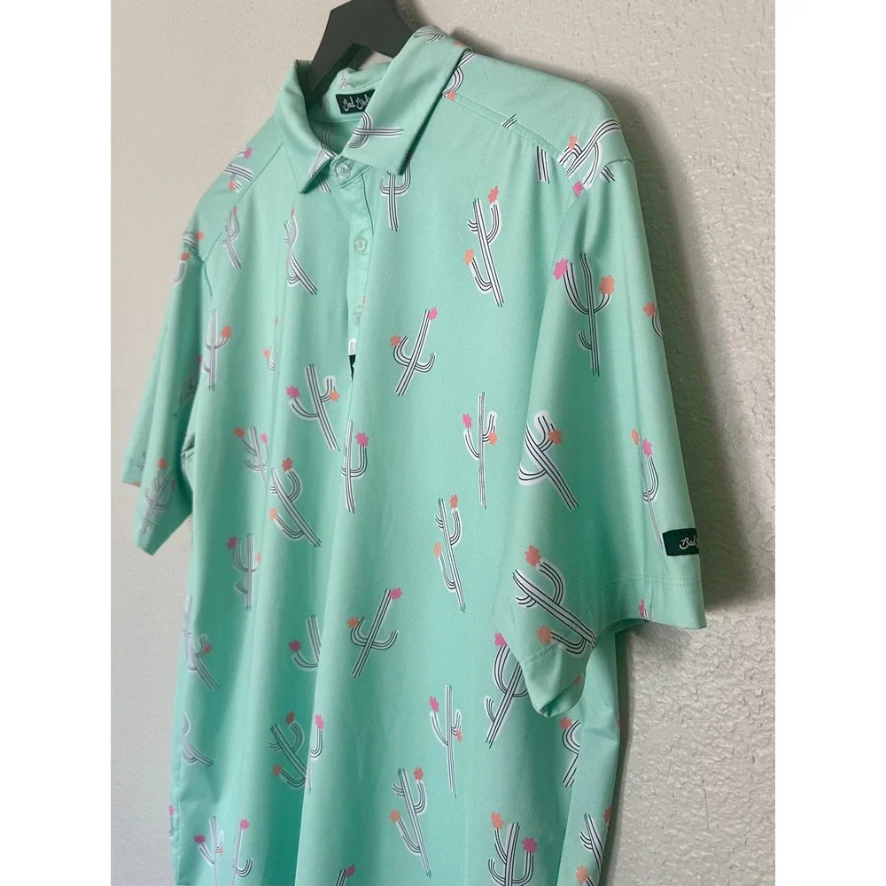 Bad Birdie Mens XL Mint Green Cactus Print‎ Golf Polo Shirt Short Sleeve Stretch